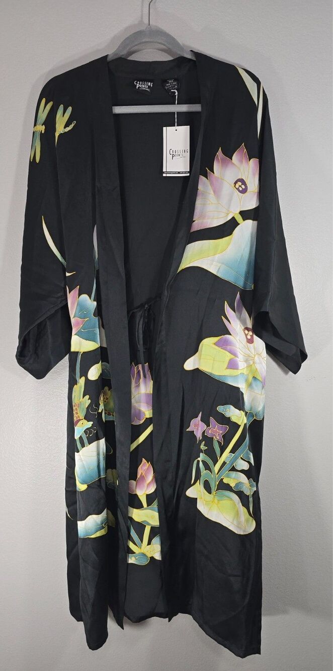 Crossing Pointe 100% Silk Black Floral Wrap Kimono Dress sz M NWT BM
